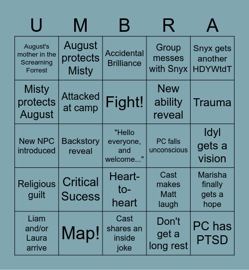 Age of Umbra: Episode 4 (AUx04) Bingo Card