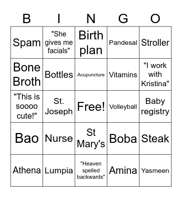 Kristina's Baby Bingo Card