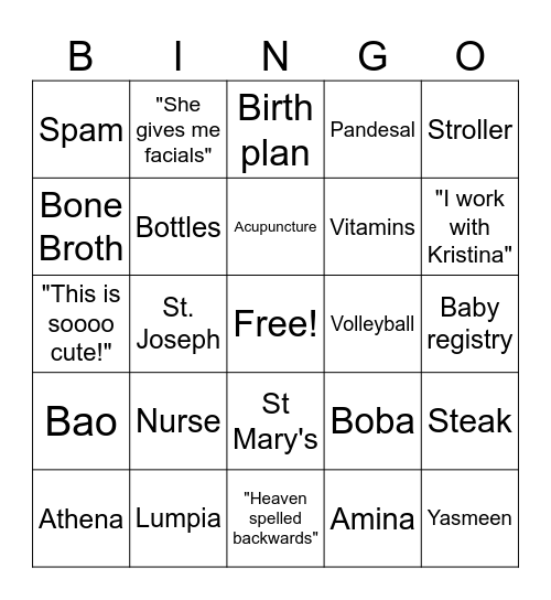Kristina's Baby Bingo Card