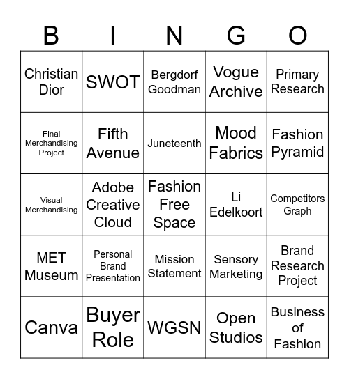 Fashion Merchandising Bingo Card