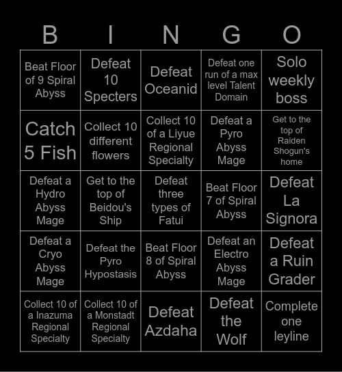 Genshin Lockout Bingo Card