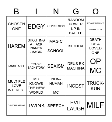 Bad Anime Bingo Card