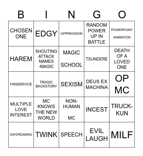 Bad Anime Bingo Card
