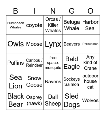Alaska Wildlife Spotting! Bingo Card