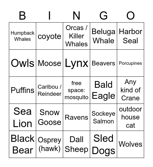 Alaska Wildlife Spotting! Bingo Card