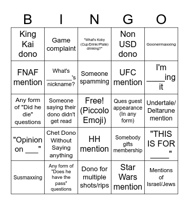 Koby Stream Chat Bingo Card
