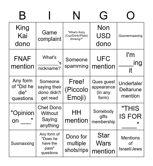 Koby Stream Chat Bingo Card