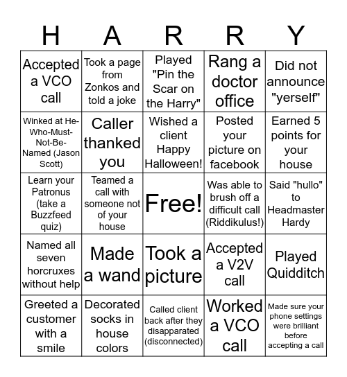 Harry Potter Bingo Card