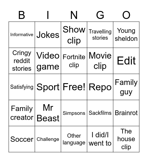 Yt shorts Bingo Card