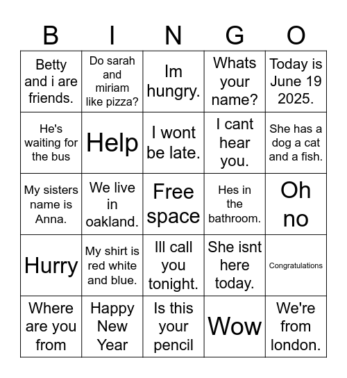 Punctuation BINGO Card