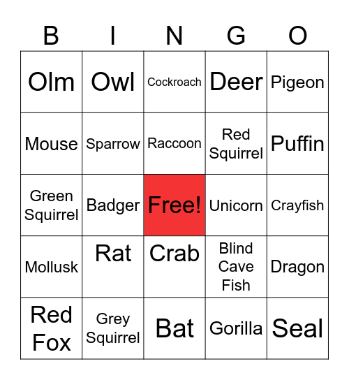 Urban Animals Bingo Card