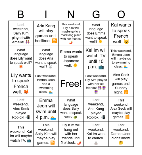 Emma Jeon will swim until 4 p.m. 🏊 Bingo Card