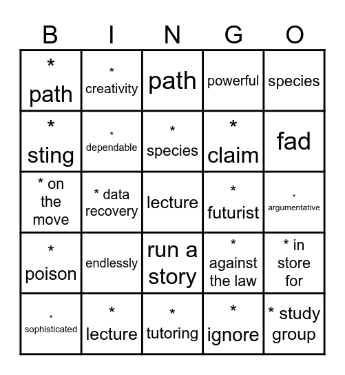 Vocabulary Review Bingo Card