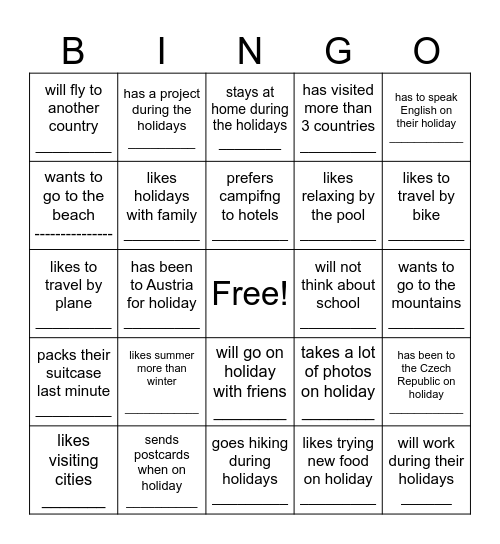 Summer holiday Bingo - Find someone who... Bingo Card