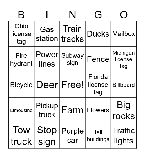 Road Trip Bingo Card