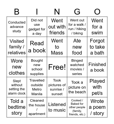 Vacation Bingo Card