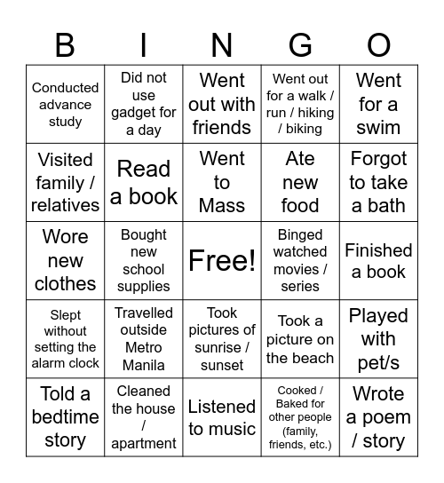 Vacation Bingo Card