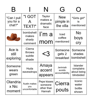 Love Island Bingo Card