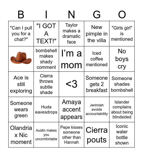 Love Island Bingo Card