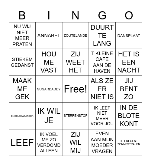 NEDERLANDSTALIGE MUZIEKBINGO Card