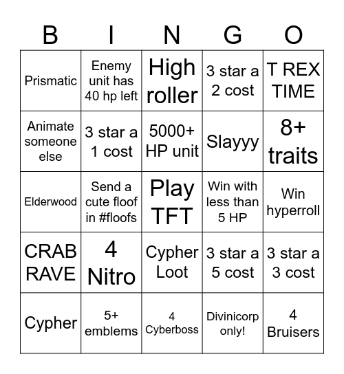 Teamfight Tactics Bingo Card