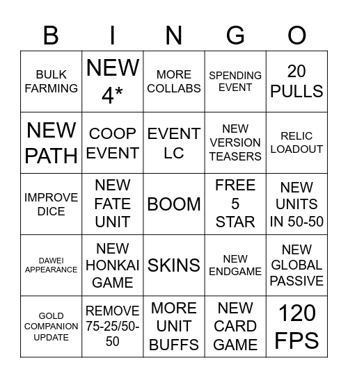 HSR 3.4 BINGO Card