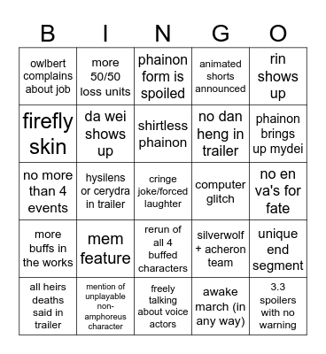 HSR 3.4 LIVE Bingo Card