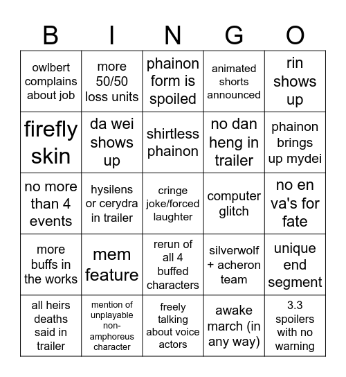 HSR 3.4 LIVE Bingo Card
