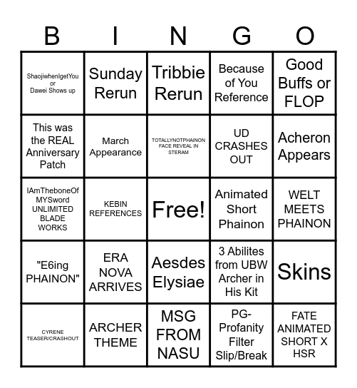 3.4 Special Program HSR x FATE Bingo Card