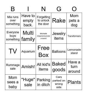 Chelle Yard sale Bingo Card