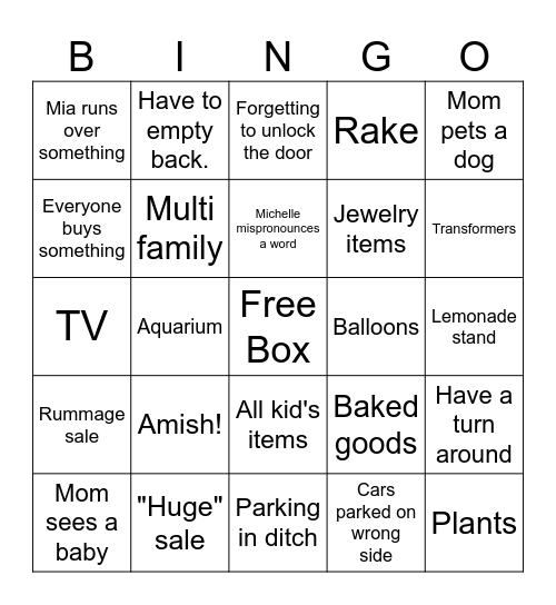 Chelle Yard sale Bingo Card