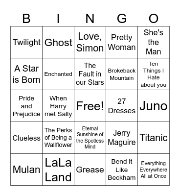 Romance Movie Quotes Bingo Card