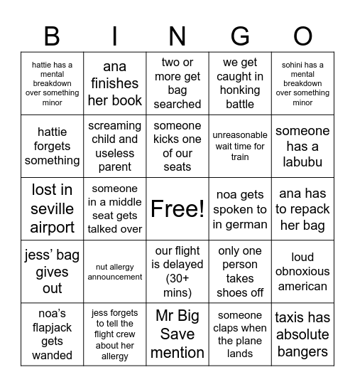 Flight Bingo Card
