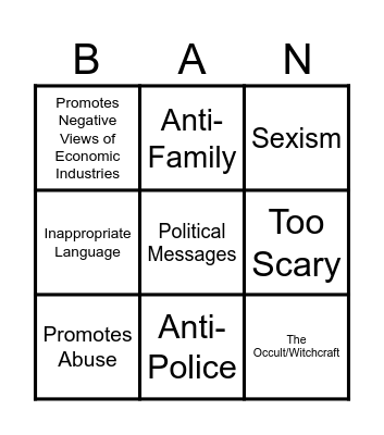 Reasons for Bans/Challenges Bingo Card
