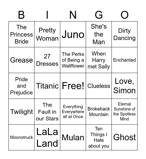 Romance Movie Quotes Bingo Card