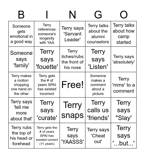 YAA SPAI ORIENTATION BINGO Card