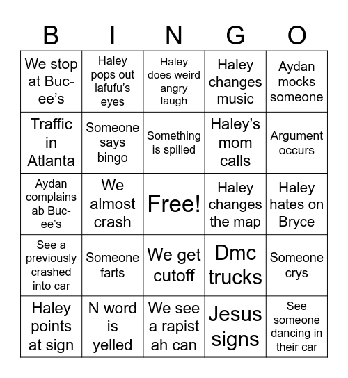 Car Ride Home Bingo Card