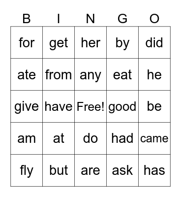 Sight Words Bingo Card
