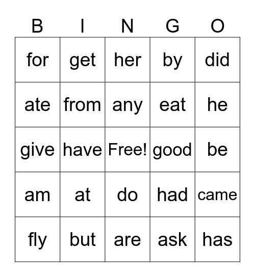 Sight Words Bingo Card