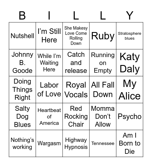Lexington Billy Strings Bingo Card