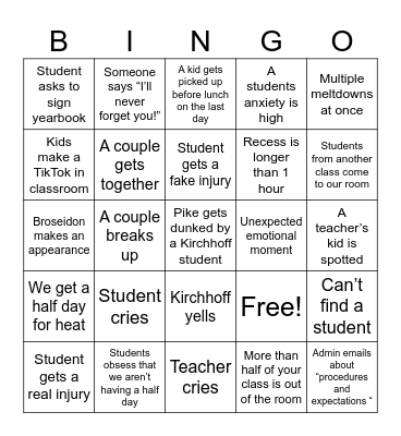 End of 6th Grade Bingo Card