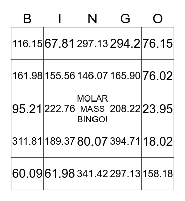 Molar Mass BINGO Card
