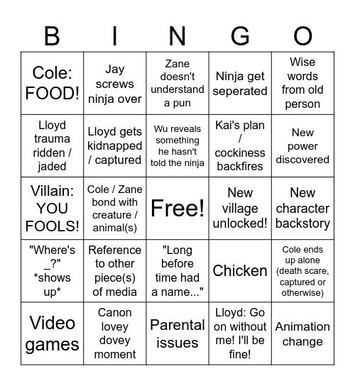 Ninjago Bingo Card