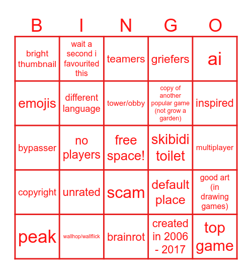 roblox  bingo Card