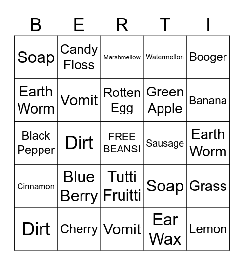 Bertie Botts Bingo Card