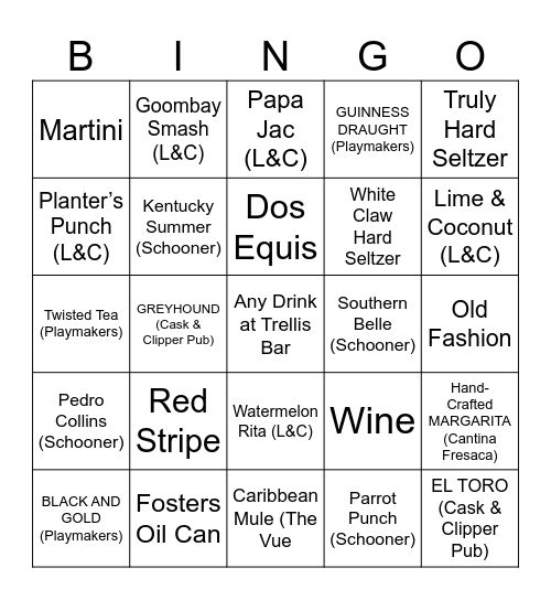 Cruise Ship Drink Bingo Card