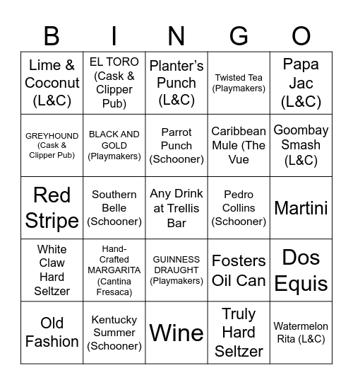 Cruise Ship Drink Bingo Card