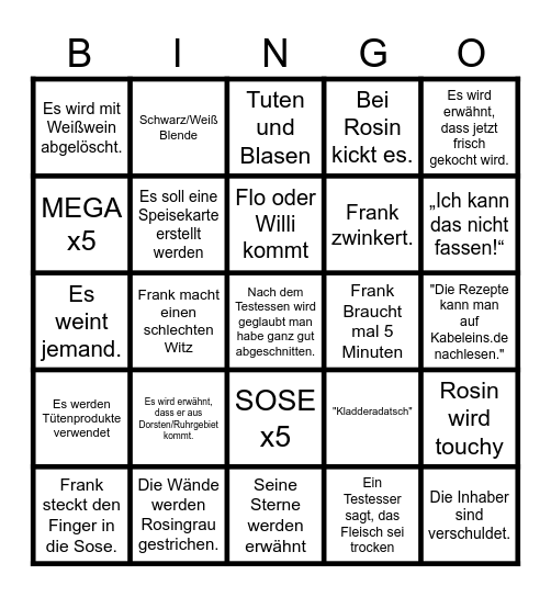 Rosins Restaurant Bingo Card