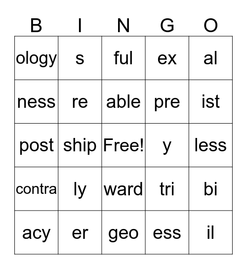 Word Parts Bingo Card