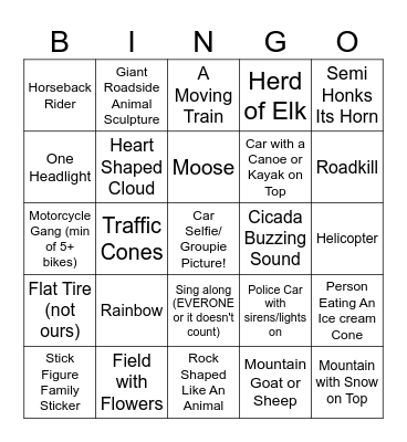 Colorado Road Trip Bingo Card